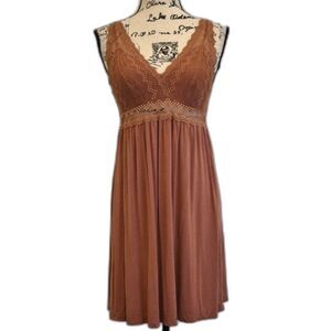SOMA Babydoll Lace Bodice Rust Brown Midi Dress M Boho Empire